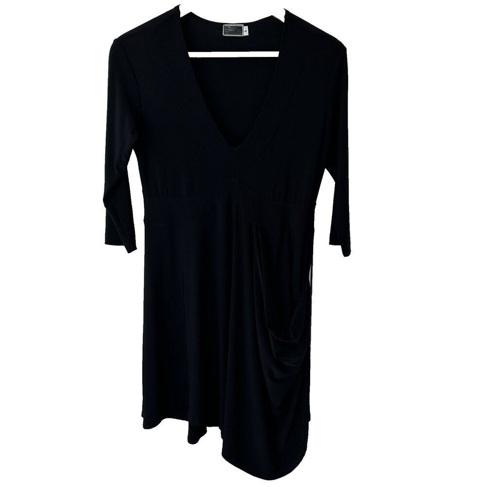 Sympli Tunic Top Size 6 Ruched Asymmetric Black Artsy Pocket V-Neck Lagenlook